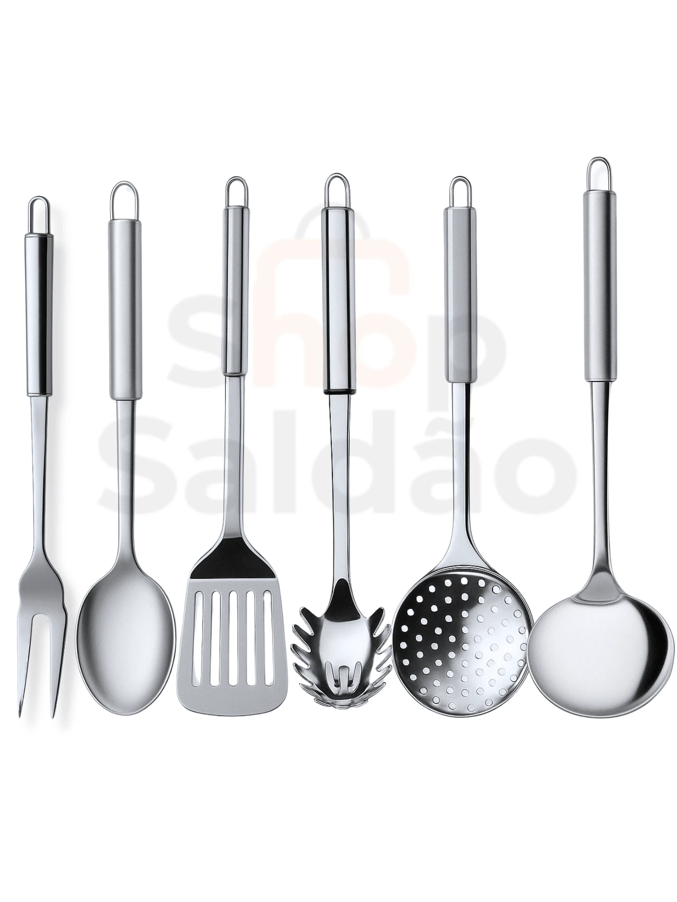 Kit Of 6 Stainless Steel Kitchen Utensils: Skimmer 33cm Ladle 32cm Rice Spoon 29cm Straight Pasta Tong 32cm Carving Fork 33cm Openwork Spatula For Hamburger 30cm - thép không gỉ - Xem 1