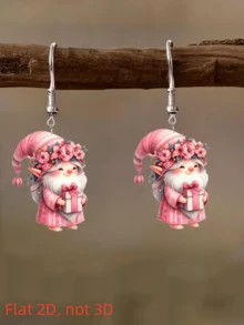 2 piezas Pendientes de duende navideño rosa elegante y encantador, diseño impreso de doble cara de acrílico plano, de moda y ligero, adecuado para uso diario y de fiesta de mujeres, gran regalo para Halloween, Navidad, Día de San Valentín, Día de la Madre