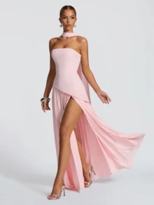 优雅性感露肩开衩飘逸连衣裙、派对礼服