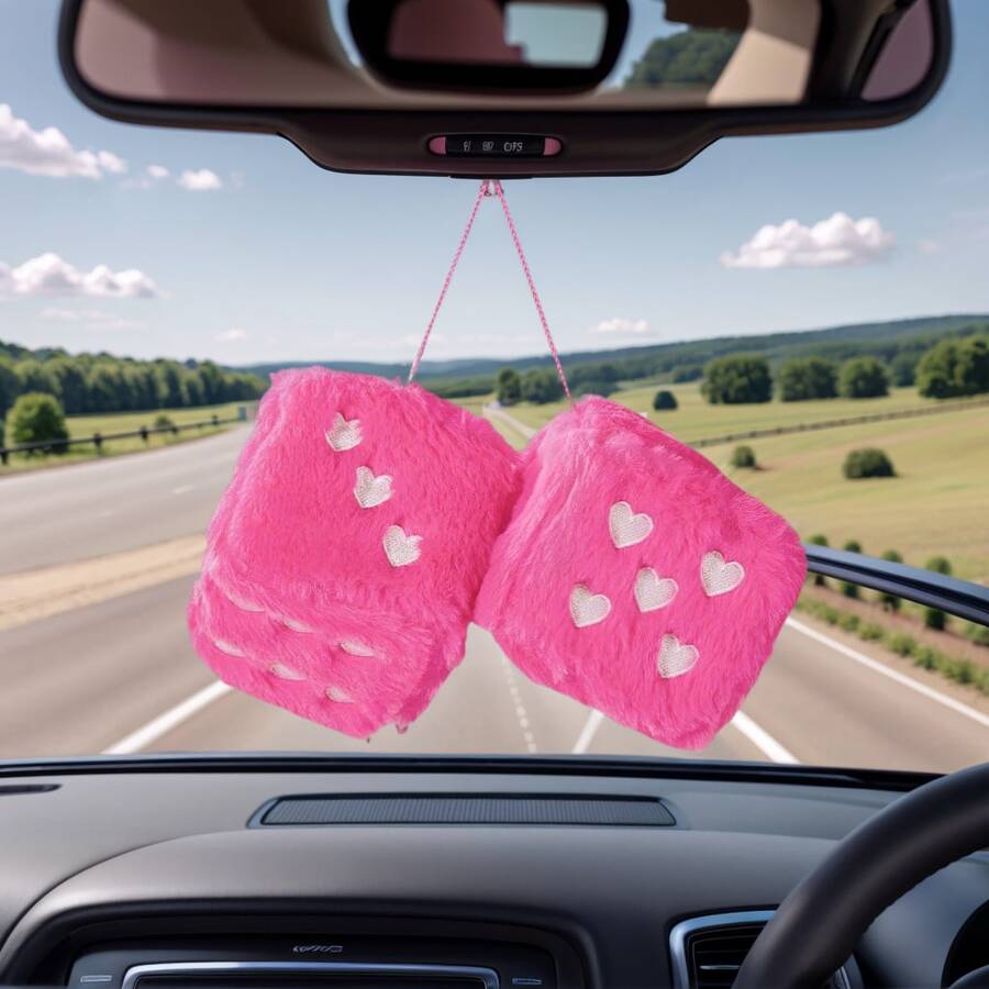 Heart-Embroidered Pastel Rainbow Fuzzy Plush Dice - 3-Inch Car Mirror Hanging Decor, Soft Foam, Easy Installation, Perfect Gift - 玫紅色 - 查看 1