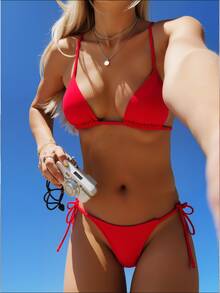 Summer Solid Color Sexy Bikini Swimwear Beach Vacation - Red - View 2