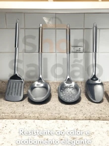 Kit Of 6 Stainless Steel Kitchen Utensils: Skimmer 33cm Ladle 32cm Rice Spoon 29cm Straight Pasta Tong 32cm Carving Fork 33cm Openwork Spatula For Hamburger 30cm - thép không gỉ - Xem 4