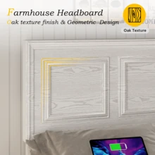 Adjustable Height Farmhouse Bed Frame With Headboard, LED Lights & USB Charging Station – Sturdy Platform Bed, Noise-Free, No Box Spring Needed - trắng - Xem 9