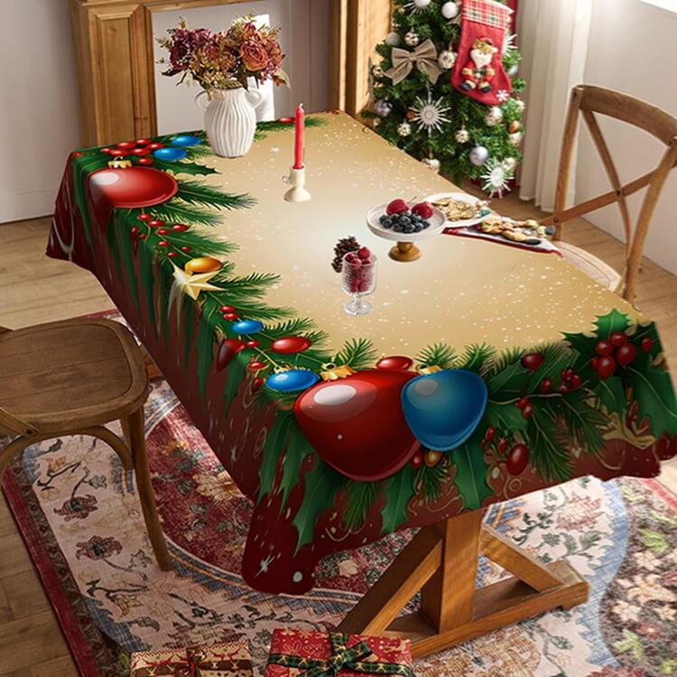 1/20 pezzi Tovaglia natalizia, con stampa a palloncini e bacche, in elegante tessuto di poliestere, facile da pulire, perfetta per tavoli, feste e decorazioni natalizie, forma rettangolare, decorazioni natalizie - Multicolore - Visualizzare 2