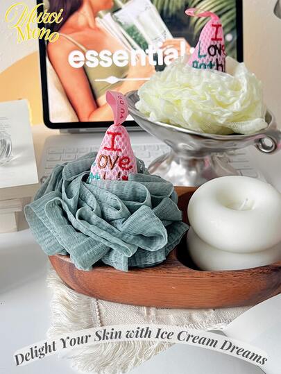 <用冰淇淋梦愉悦你的肌肤>，1个冰淇淋多色沐浴球四季皆宜（特别是夏天）沐浴泡沫球|可爱永不散落的沐浴花球|柔软易起泡的沐浴球|成人背部按摩沐浴花毛巾