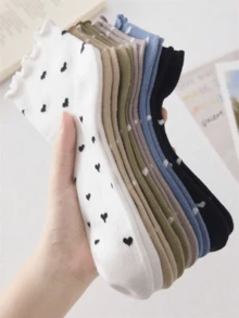 4/1 Pairs Women Ruffled Heart Pattern White Black Ankle Socks Short Socks, Breathable & Comfortable, Suitable For All Seasons, Random Colors - Multicolor - View 2