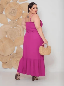 Women's Plus Size Long Dress In Plain Viscose With Padded Bra, Adjustable Straps And Front Buttons - Rose Red - View 3