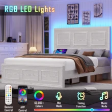 Adjustable Height Farmhouse Bed Frame With Headboard, LED Lights & USB Charging Station – Sturdy Platform Bed, Noise-Free, No Box Spring Needed - trắng - Xem 8