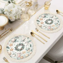 1 pièce Napperon imprimé avec motif d'éléments de Noël, décoration de Noël, tapis de table à franges en lin lavable, décoration d'intérieur, vaisselle, cuisine, fête d'intérieur/extérieur, cadeau idéal