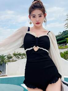 Traje de baño de las mujeres de una sola pieza sexy de manga larga del vientre delgado traje de baño de aguas termales - Negro - Ver 4