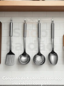 Kit Of 6 Stainless Steel Kitchen Utensils: Skimmer 33cm Ladle 32cm Rice Spoon 29cm Straight Pasta Tong 32cm Carving Fork 33cm Openwork Spatula For Hamburger 30cm - thép không gỉ - Xem 2