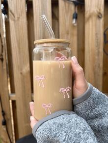 1 Set Of 16 Ounces Transparent Cups (With Lids And Straws) With Blue/Pink Bow Design, Large Capacity Cups, Portable Glass Cups, Suitable For Travel And Outdoor, Juice Drink Cups, Exquisite Milk Cups, High-End Coffee Cups, Suitable For Autumn, Winter, Summer, Christmas, Holidays As Gifts For Family And Friends, Back To School Season, Bow Coffee Cups, Beverage Cups