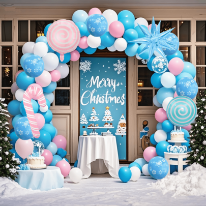 128 Stücke Weihnachtsballon Girlande Bogen Set, 10/5 Zoll rosa, blaue und weiße Ballons, mit Weihnachts-Süßigkeiten Aluminiumfolie Ballons, geeignet für Neujahr, Babybad, Wintergeburtstag, Volljährigkeitsfeier und Weihnachtsdekoration