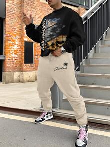 Men's Printed Crew Neck Sweatshirt And Casual Pants Set, Autumn/Winter