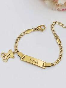 1pc Customized Bracelet With Engraved Teddy Bear Pendant - Stainless Steel Gold Color Jewelry, Suitable For Girls And Adults, Birthday Christmas Gift, Can Be Worn Daily Or For Parties, Cute Bear Design, Shiny Surface, Personalized Engraved Name/Date Stainless Steel Bracelet, Christmas Gift, Halloween Gift