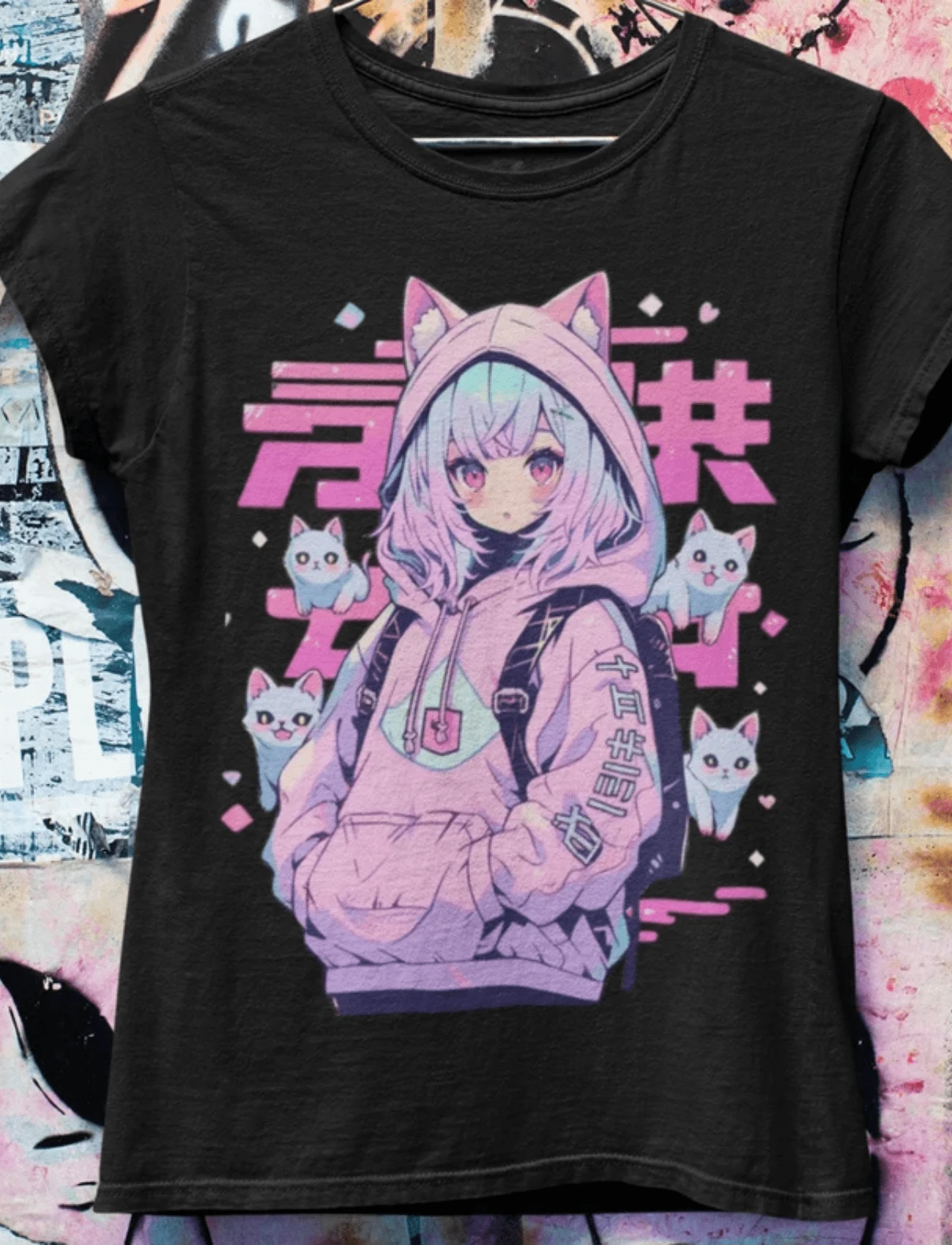 Pastel Goth Anime Mystic Cat Oversized T-Shirt Harajuku,Anime Casual Theme Portrait Print Crew Neck T Shirt Anime Cat Ear Girl With Cute Cats Japanese Text Short Sleeve Casual Style Garment Suitable For Spring Summer Machine Washable For Daily Wear Casual Outings - 黑色 - 查看 1
