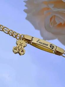 1pc Customized Bracelet With Engraved Teddy Bear Pendant - Stainless Steel Gold Color Jewelry, Suitable For Girls And Adults, Birthday Christmas Gift, Can Be Worn Daily Or For Parties, Cute Bear Design, Shiny Surface, Personalized Engraved Name/Date Stainless Steel Bracelet, Christmas Gift, Halloween Gift