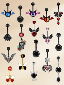 1 件装时尚不锈钢万圣节肚脐环，适合女士，14G 黑色蝙蝠骷髅肚脐环，红色方晶锆石肚脐穿孔饰品肚脐环，适合万圣节 - 肚環 - 查看 2