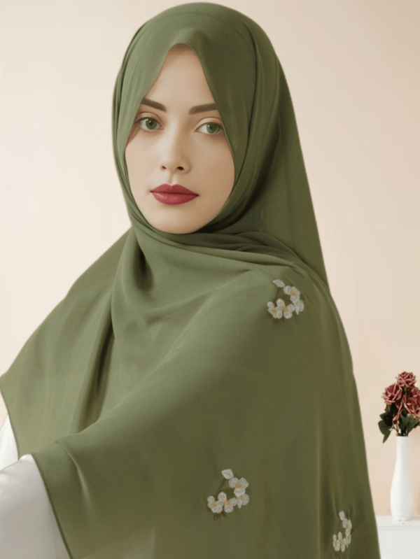 Plain Chiffon Shawl Hijab With Embroidery, Extra-Fine Embroidered Hijab (MH077)Middle Eastern Arab Islamic Muslim Women's Ramadan Eid Prayer Dress, Abaya Robe, Clothing, Robe Accessories, Scarf, Hijab, Headscarf