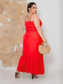 Women's Plus Size Long Dress In Plain Viscose With Padded Bra, Adjustable Straps And Front Buttons - Red - View 2