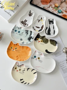 <Inspirowane kotami, podziwiane jedzenie>, 1 szt. Uroczy ceramiczny talerz dekoracyjny z kotem, wielofunkcyjna ozdoba na biurko, tacki na biżuterię, organizer na stół, talerz na przyprawy, sos, podstawka pod łyżeczkę do kawy, zabawny, zabawny styl, prezent na Dzień Matki, Nowy Rok, Święto Dziękczynienia