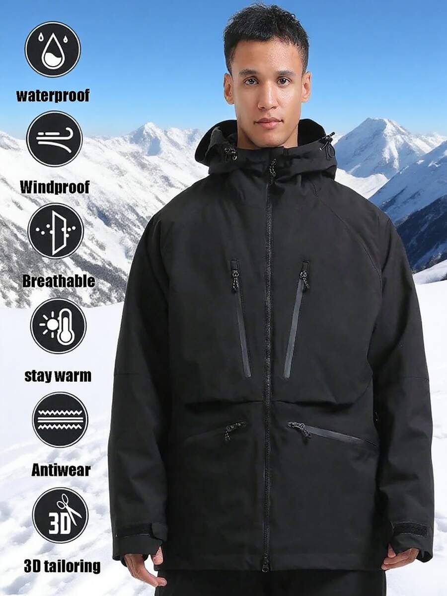 男士滑雪外套，滑雪大衣，冬季連帽登山夾克，腋下網布附拉鍊，防丟拉鍊口袋，運動服飾黑色