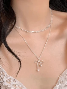 1pc Multi-Layer Bowknot Zirconia Necklace For Women