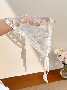 1件装【法式蕾丝头巾】纯色法式甜美蕾丝三角头巾，带可转换腰带 | 女士，适合四季各种场合 | 渐变蕾丝帘，春夏头巾装饰，蕾丝腰带（头巾和腰带两用，适合腰围约66厘米） - 彩色 - 查看 7