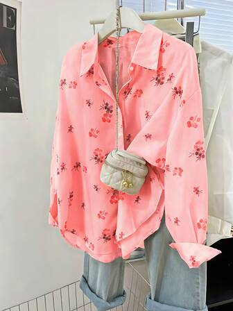 大码女式碎花长袖开衫，春秋季新款休闲宽松衬衫夹克