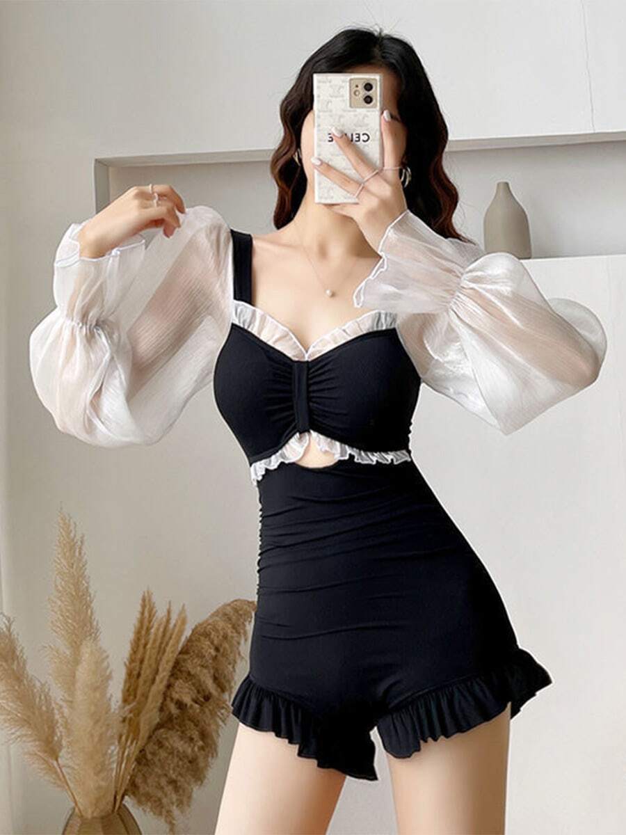 Traje de baño de las mujeres de una sola pieza sexy de manga larga del vientre delgado traje de baño de aguas termales - Negro - Ver 1