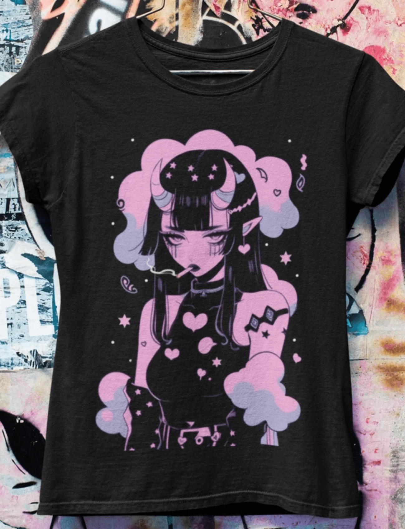 Pastel Goth Anime Oversized T-Shirt Harajuku Streetwear,Anime Gothic Punk Theme Portrait Print Crew Neck T Shirt Anime Horned Devil Girl With Stars Hearts Smoke Short Sleeve Casual Style Garment Suitable For Spring Summer Machine Washable For Daily Wear Casual Outings - 黑色 - 查看 1