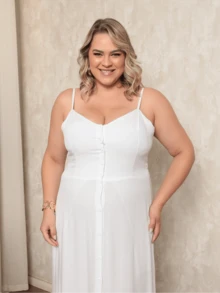 Women's Plus Size Long Dress In Plain Viscose With Padded Bra, Adjustable Straps And Front Buttons - White - View 5