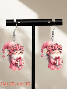 2 piezas Pendientes de duende navideño rosa elegante y encantador, diseño impreso de doble cara de acrílico plano, de moda y ligero, adecuado para uso diario y de fiesta de mujeres, gran regalo para Halloween, Navidad, Día de San Valentín, Día de la Madre
