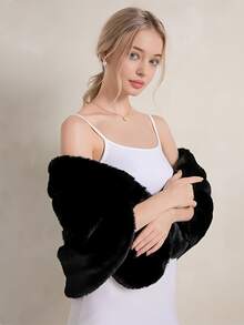 Women's Elegant Black Faux Fur Shawl, Soft Rabbit Fur-Like Ladies Shawl, Bridal Shawl, For Parties, Weddings, Formal Events - Black - View 2