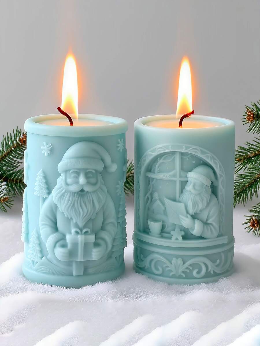 圣诞老人圆柱形硅胶模具套装，树脂浇铸模具，复古精致浮雕，适用于手工蜡烛制作、珠宝浇铸、DIY树脂工艺品、聚合物粘土、石膏、装饰品、圣诞礼物、家居装饰、圣诞装饰、房间装饰 - 白色 - 查看 1