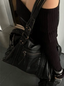 Retro Casual Cool Street Style Soft Brush Off Washed PU Vegan Leather Zipper Closure Zip Pockets Braid Decor Large Capacity Fits 13' Laptop Tote Adjustable Long Strap Cross Body Shoulder Bag Women Daily College Commute Travel Versatile, Y2k Bag, Gothic Punk Bag For Women, 2000s Fashion Style Bag For Women, Vintage Bag For Women, New Fashionable Big Bags For Women, New Arrival Tote Bags For Woman - Đồng - Xem 1