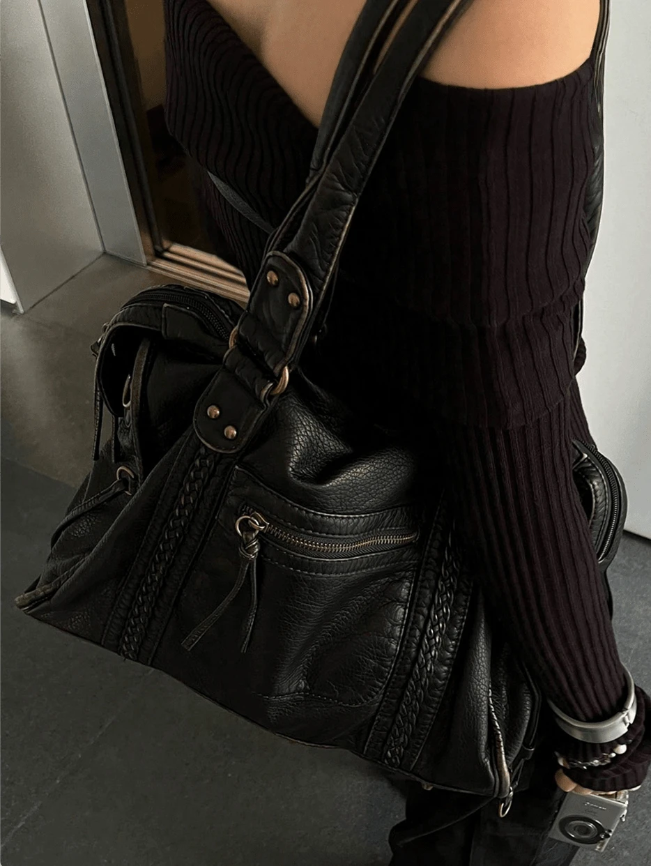 Retro Casual Cool Street Style Soft Brush Off Washed PU Vegan Leather Zipper Closure Zip Pockets Braid Decor Large Capacity Fits 13' Laptop Tote Adjustable Long Strap Cross Body Shoulder Bag Women Daily College Commute Travel Versatile, Y2k Bag, Gothic Punk Bag For Women, 2000s Fashion Style Bag For Women, Vintage Bag For Women, New Fashionable Big Bags For Women, New Arrival Tote Bags For Woman - Đồng - Xem 1