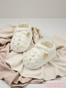 1 Pair Handmade Crochet Infant Shoes, Light Purple Color With Button Decor, Infant Size - White - View 9