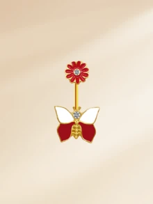 1 件装时尚不锈钢万圣节肚脐环，适合女士，14G 黑色蝙蝠骷髅肚脐环，红色方晶锆石肚脐穿孔饰品肚脐环，适合万圣节 - 肚環 - 查看 15