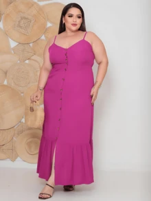 Women's Plus Size Long Dress In Plain Viscose With Padded Bra, Adjustable Straps And Front Buttons - Rose Red - View 5