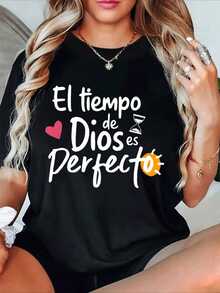 Camiseta casual de mujer de cuello redondo en 2 colores, estampado de letras de Dios, mezcla de tejidos de poliéster y elastano para todas las estaciones. - Negro - Ver 1