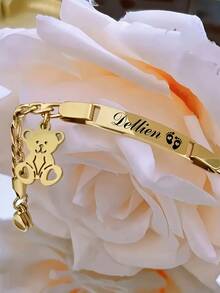 1pc Customized Bracelet With Engraved Teddy Bear Pendant - Stainless Steel Gold Color Jewelry, Suitable For Girls And Adults, Birthday Christmas Gift, Can Be Worn Daily Or For Parties, Cute Bear Design, Shiny Surface, Personalized Engraved Name/Date Stainless Steel Bracelet, Christmas Gift, Halloween Gift