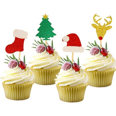 24pcs Christmas Glitter Cupcake Decorations, Food Fruit Picks Decor, Santa Hat, Christmas Tree, Red Stocking, Golden Reindeer Pattern Design