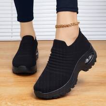 女士空气垫舒适减震针织系带休闲舞鞋，运动休闲，适合女士步行一脚蹬鞋