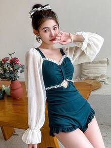 Traje de baño de las mujeres de una sola pieza sexy de manga larga del vientre delgado traje de baño de aguas termales - Verde - Ver 3