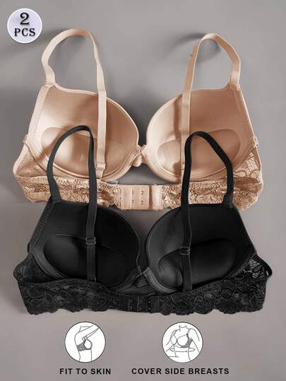 2pcs Women's Comfortable Lingerie Set - Luxurious Padded Bra With Delicate Lace Details, High-Support, Soft & Breathable Fabric For Ultimate Comfort