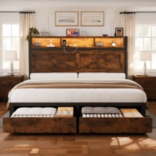 Farmhouse Bed Frame With Storage Headboard, USB Charging Station, LED Lights, 2 Fabric Drawers, No Box Spring Needed, Noise Free - 棕色 - 查看 13