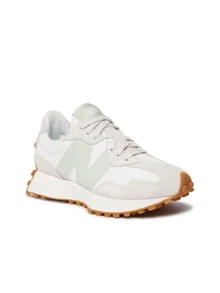 New Balance 327 女式休闲鞋采用海盐色和黑色，低帮皮革鞋面，泡沫缓冲鞋垫，柔软支撑贴合，易于系带，适合行走、日常穿着和四季休闲风格。 - 月光/銀苔 - 查看 2