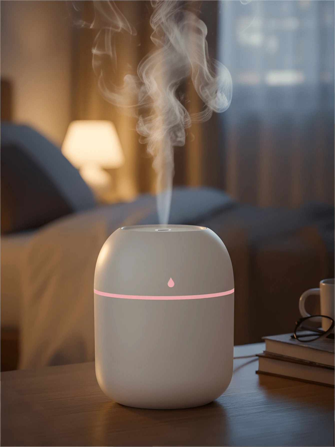 迷你便携式加湿器 - 紧凑型桌面加湿器，带氛围 LED 灯，简约设计，低噪音，空气清新剂 - 适用于卧室、汽车