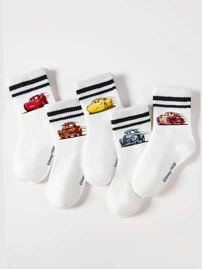 Disney 5 Pairs Genuine Cars Cartoon Pattern Children's Mid-Calf Socks, Sports Black & White Stripes, Adorable Design, Fashionable Casual Breathable Student Socks, Suitable For Daily Wear, Back To School, Holiday Gifts